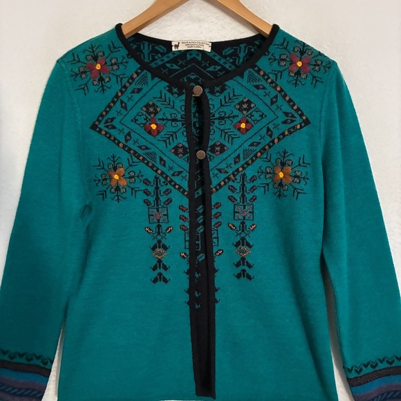 Peruvian Baby Alpaca Collection Cardigan Sweater Women Fits M Traditional Floral - Picture 2 of 9